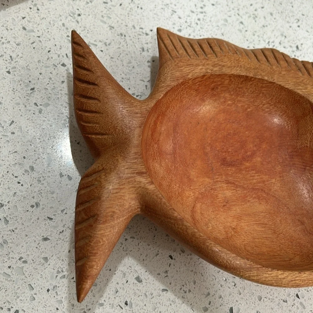 Vintage Mid Century Hand Carved Wooden Fish Bowl Trinket Serving Dish
